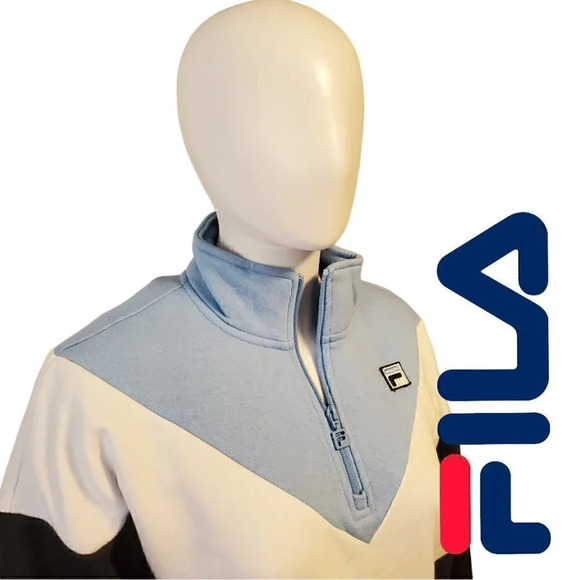 Fila | Pullover Tri-Color 1/4 Zip Colorblock Chevron Pullover | Black Blue White - Picture 2 of 7